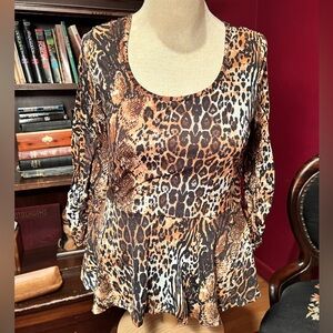 Mixed Animal Prints Peplum Blouse w/ Lace Back & 3/4 Ruched Sleeves Size Small